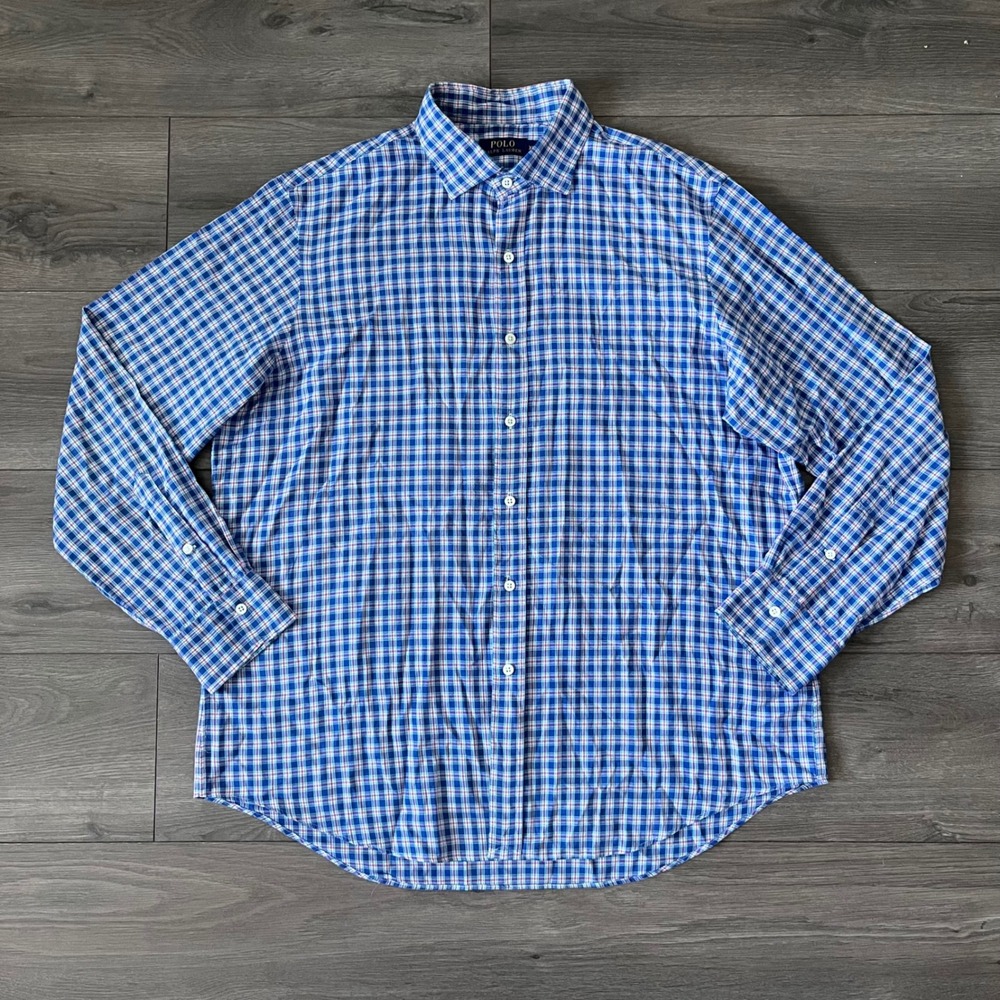 Polo Ralph Lauren Mens XL Blue Pink Plaid Long Sleeve Button Up Shirt